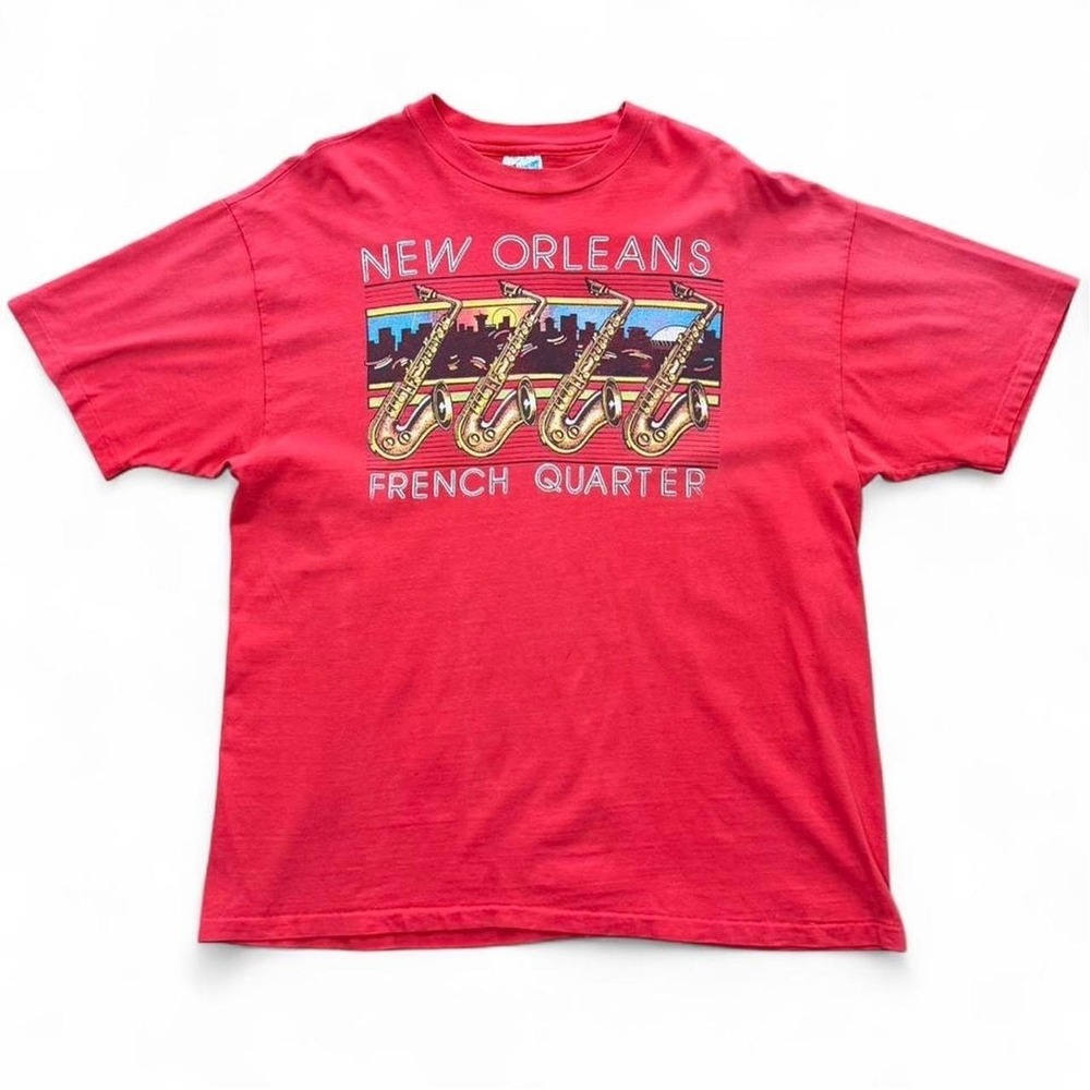 Vintage 90s New Orleans USA French Quarter Saxophone Jazz Graphic Red T-Shirt XL
